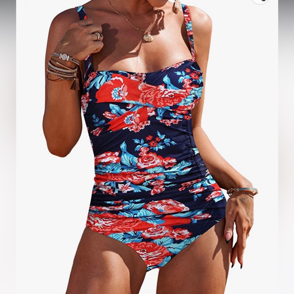 Floral blue one piece swimsuit tummy control